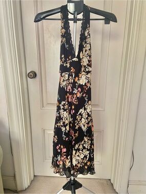 GORGEOUS Black Floral Halter Midi Dress with Lace Trim